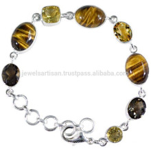 Ojo de tigre natural citrino y piedras preciosas de cuarzo ahumado con plata 925 pulsera de diseño